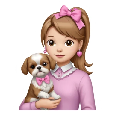 Human girl with light brown hair holding shih tzu with a pink bow with a ponytail on the dog  sticker