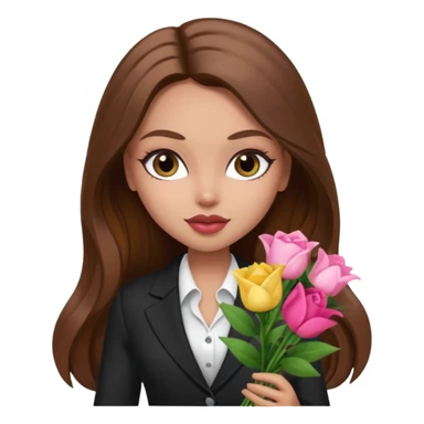 corporate pretty bratz baddie, long brown hair holding flowers sticker