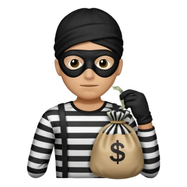 Crea un ladrón con un sombrero de delincuente y un saco de dinero, el ladrón tiene una camisa de rayas negras y blancas y el rostro un antifaz color negro. sticker