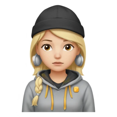Blonde female tech developer manager going back to work after christmas holidays, looking tired and wearing a hoodie and cap sticker