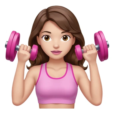 girl with wavy long brown hair, brown eyes, light to medium complexion, long lashes, light pink lipstick, wearing light pink shirt, lifting pink dumbbells in a sports top sticker