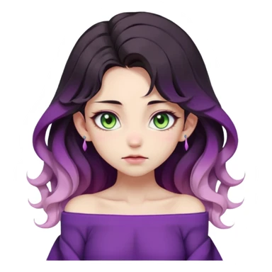 1 girl, long beautiful wavy black-brown-beige-gradients hair, vibrant and soft color palette, pointy ears, violet clothing, green eyes, slit pupils, young, skinny, japanese themed, pastel, dark, gloomy, edgy, shy expression, blush, (off shoulder) sticker