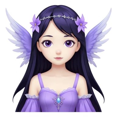 Gothic anime fairy with long beautiful black hair and violet dress, pastelcore, sticker