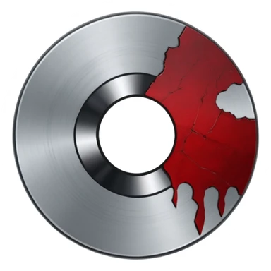 Minimalist emoji-style sticker of a single CD with a sharp crack and a dried blood spot. View from above, black, gray, and muted red.
 sticker