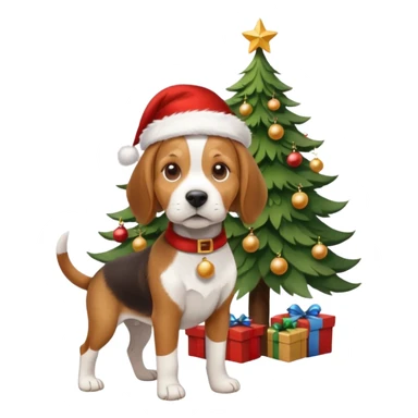 beagle wearing santa hat and standng by the xmas tree sticker