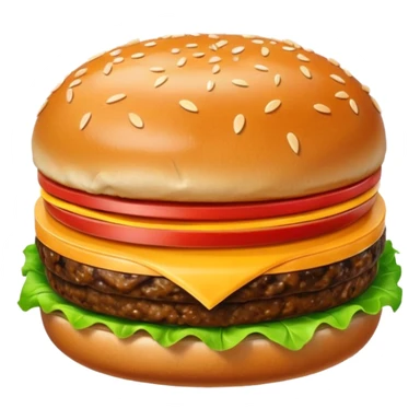 A classic single patty hamburger emoji,, glossy and colorful. Soft rounded bun with sesame seeds, one beef patty, fresh lettuce, tomato slice, melted cheese, realistic but cartoonish look, clean white background sticker