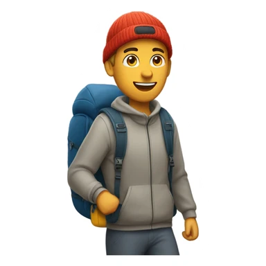 White man hiking wearing a beanie and a backpack sticker