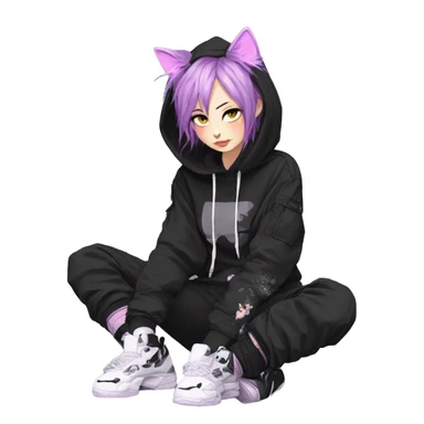 Edgy beautiful pretty anime punk tomboy with cat ears techwear cargo pants hoodie sticker