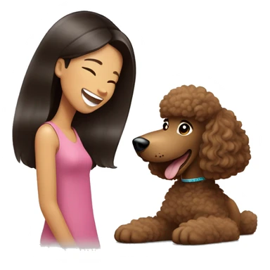 Long Black Brown Straight Hair Asian Woman Laughing With Brown Poodle Puppy sticker