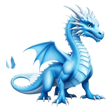 Cinematic Noble wise elegant Ice Dragon full body  Emoji, Poised and imposing, distinct long elegant snout, with a slender, scaled body shimmering in glacial hues of icy blue, frostbitten silver, and crystalline white, breathing out frost, with piercing, glowing ice blue white eyes that radiate the chilling depths of an arctic storm; rendered in detail. excuding wisdom sticker