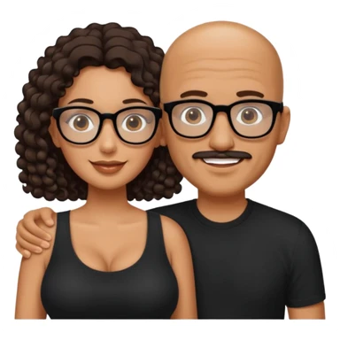 A picture of a happy tanned couple. the man is a Mexican man with tanned skin, a bald hair cut, short beard and wearing a black shirt. the woman is mixed, wearing black rectangle glasses, with long curly dark brown hair and with big boobs  sticker