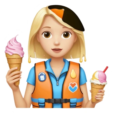 girl blonde kid wearing lifejacket, holding ice cream sticker