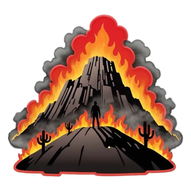 Minimalist emoji-style sticker of a silhouette of the Hollywood hill with ruined “HELLWOOD” sign, smoke and flickering flames in desaturated red

 sticker