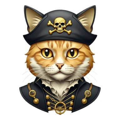 Highly detailed dark fantasy sticker art,cat, gritty pirate aesthetic, intricate engraving style, cinematic lighting, gold and charcoal color palette, sharp edges, white border, vector contour --v 6.0 sticker