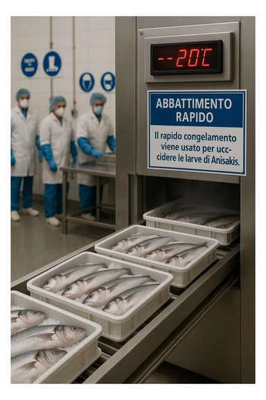 a fish processing facility where freshly caught fish are placed on trays and moved into a large industrial freezer. A temperature gauge shows -20°C, and an educational label explains that rapid freezing (abbattimento) is used to kill Anisakis larvae. The background includes workers in protective clothing and clear signage about food safety. in italiano sticker
