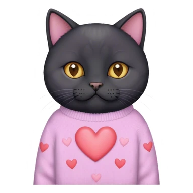 cute black british cat sitting 
 in a cute pastel sweater with hearts sticker