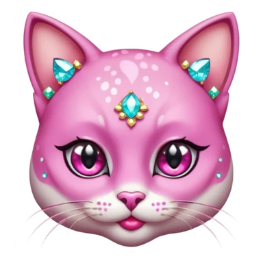 glamorous cat portrait, head and shoulders only, exaggerated pink makeup, bright eyeshadow, long eyelashes, shiny blush cheeks, sparkling face gems, glitter accents, elegant earrings, fantasy beauty style, cute 3D cartoon, mobile game icon style, clean background, no text, no watermark
 sticker