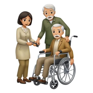 Woman with a knife in one hand, pushing with the other a wheelchair with an old man sticker