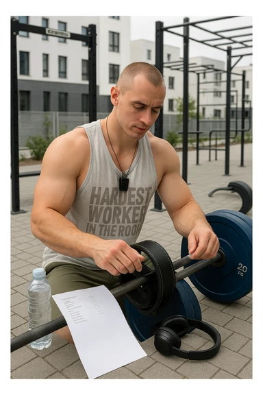 un uomo prepara con cura il suo set di pesi e la cintura per streetlifting, controllando una lista di esercizi e ripetizioni scritta su un foglio. Accanto a lui, una borraccia e delle cuffie. L’espressione è serena e sicura, a sottolineare l’importanza della programmazione per un allenamento efficace. Lo sfondo è un’area fitness urbana, pulita e ben attrezzata. sticker