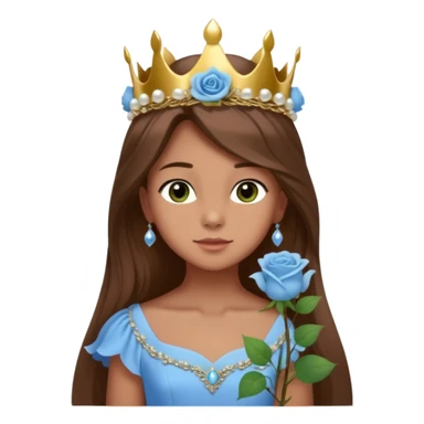 a 12 year old girl with shinny long brown hair and pretty green eyes that have long dark eye lashes wearing a sky blue gown in a beautiful forest with adorable animals and stunning roses and lilacs surrounding her as she smells the only sky blue rose she is also wearing a crown that has pearls sticker
