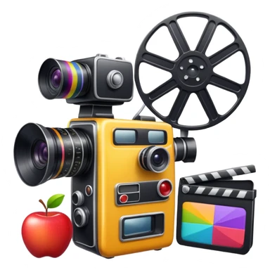 market stall with video camera and film reel, colorful and inviting, apple style emoji sticker