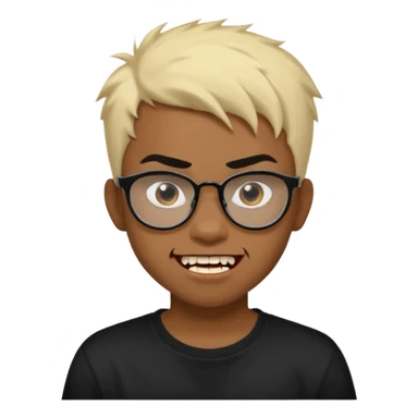 Black Male Teenager with Short punk messy blonde hair, Dark brown bushy eyebrows large expressive golden-brown eyes, wearing a plain white t-shirt, wearing thick black glasses, Dark Brown skin color. Showing off his vampire tooth sticker