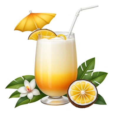 A beautiful cocktail with a creamy white to orange gradient, containing coconut juice and mango, reminiscent of summer. Above, there are tropical flowers, lemon slices, and straws. sticker