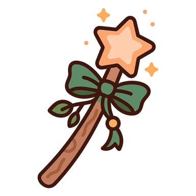 A cute and magical wand with an elegant, whimsical design, incorporating a color palette of golden orange (FA9B41), forest green (4A7C5C), soft taupe brown (96775A), and pastel peach (FFCC9A). The wand is slender and slightly curved, made of smooth wood with delicate carvings. At the top, there's a glowing gem or star in peachy tones, surrounded by tiny sparkles. Decorative elements like a ribbon, tiny leaves, or a small charm add a cozy, storybook-like charm. The overall look is gentle, enchanting, and magical, perfect for a forest fairy or a kindhearted young wizard. sticker