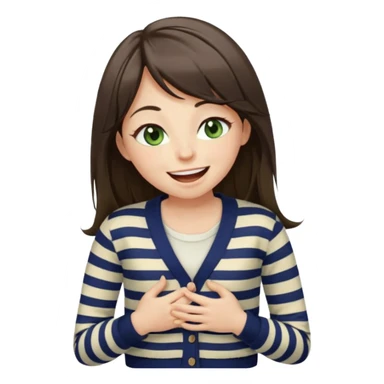 Gorgeous brunette girl green eyes, striped cream and navy blue cardigan and cream shirt, with swoop bangs and long hair having fun, laughing with mouth closed eyes closed, hand on stomach laughing sticker