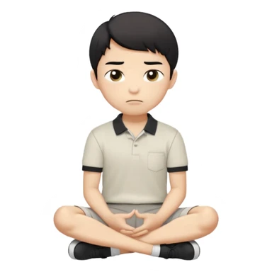 A cartoon young Asian boy with short black hair, light beige skin, and large expressive eyes, wearing a white polo shirt, gray pants, and black shoes. He sits cross-legged on the ground, one fist resting on his cheek, with a closed-mouth smirk. Clean lines, flat colors, solid black background. sticker