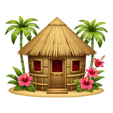 Hawaiian tiki hut house, round tropical hut, bamboo details, thatched roof, tiki masks decoration, hibiscus flowers, cute mobile game icon, 3D cartoon, clean background, no text sticker