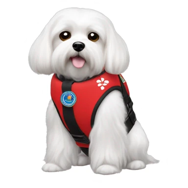 Maltese service dog wearing a red service dog vest with to bleck straps one in the front one around the belly  sticker
