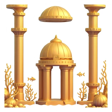 full view of a golden underwater base with Anunnaki motifs, domes, pillars sticker