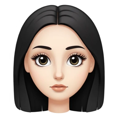White girl with long oval face, huge round black eyes, big eyelashes, no makeup, natural lips, long straight black middle-parted hair sticker