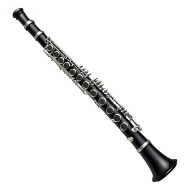 Create an emoji, representing a black standard clarinet. The design should feature a smooth, glossy black body of the clarinet with shiny, silver keys clearly visible. Highlight the intricate details of the mouthpiece and reed at the top, while the body of the instrument should remain simple and elegant. Add subtle musical notes or soundwaves floating around the instrument to symbolize its clear, melodic sound. Use black for the body, silver for the keys, and soft lighting effects to give the instrument a polished, sophisticated look. The background should be transparent. sticker