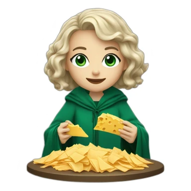 Slytherin girl with short wavy ash blonde bob hair and blue eyes eating chips and cheese wearing a wizard robe sticker