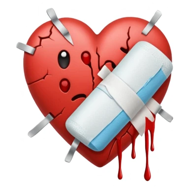Un corazón roto con grietas  sangrando y expulsando sangre rodeado de vendas y tiritas que se despegan sin hacer efecto sticker