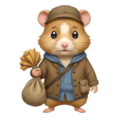 cartoon-style hamster poor hobo carrying a bindle over its shoulder with a sad expression. sticker