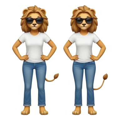 friendly anthropomorphised female lion character, full body, standing confidently with legs shoulder width apart and hands on hips, wearing jeans, a white t-shirt, and dark sunglasses, with a confident smile sticker