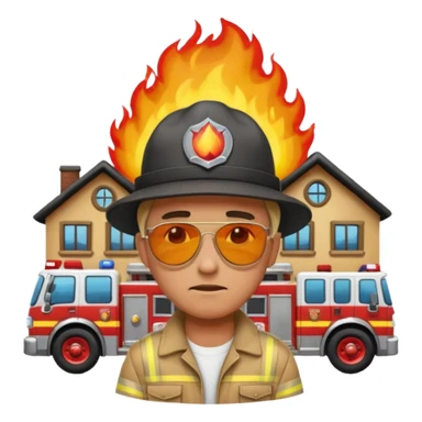 sad man standing with a house on fire behind him, fire trucks arriving, apple style emoji sticker