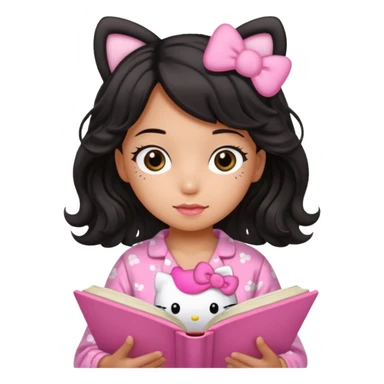 Chica peli negra  cabello ondulado tes trigueña con una pijama rosa de hello kitty leyendo un libro rosa de haditas  sticker