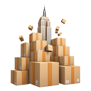 Empire State Building with plain boxes tumbling down, dynamic, fun sticker
