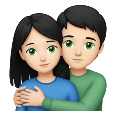 Make a couple hugging the girl is white with long black hair with blue eyes. The girl is hugging a boy with light brown short hair with green eyes. sticker