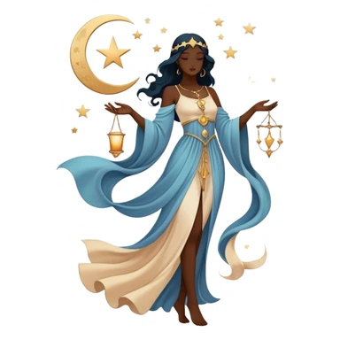 Mystical tarot card with flowing clothing silhouette, ethereal fashion symbol with stars and moon elements sticker