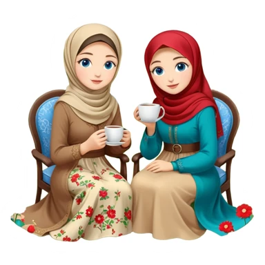 Turkish beautiful finish Konya girls blue eyes with Beautiful beige red green floral hijab long tail dress and this two friends sit in a lovely garden on the chair on the ground and holds cup coffe with her hand  sticker