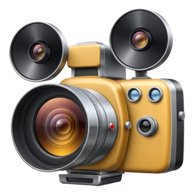 Minimal emoji icon of a huge cinematic metalic camera, front view, realistic lens, no gold sticker