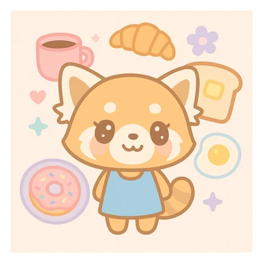 Aggretsuko red panda happy surrounded by breakfast foods, kawaii style sticker
