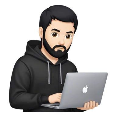 hackeur blanc cheveux noir barbe et capuche noir avec un macbook sticker