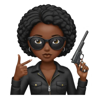 a black girl with black sunglasses with a gun pointed at the camera sticker