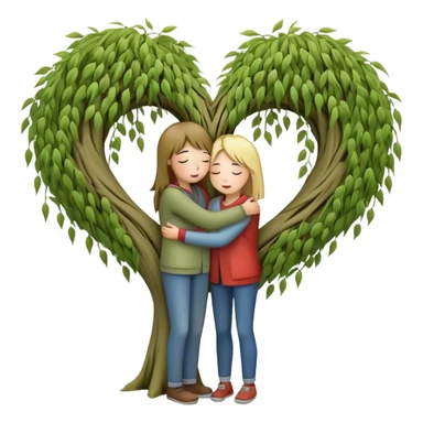 heart-shaped weeping willow tree with two people inside giving each other a supportive, caring hug, like close friends comforting each other, with a small heart above them sticker